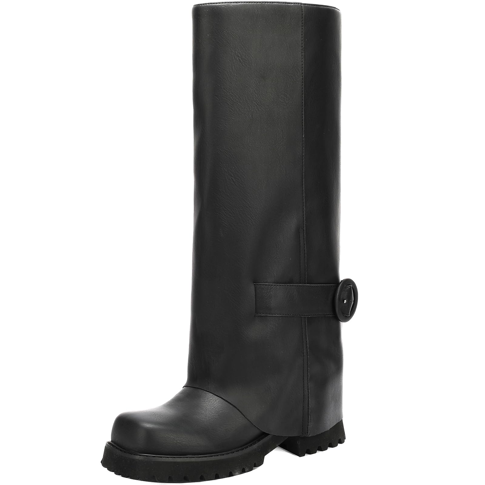 Womens Knee High Riding Boots Square Toe Chunky Low Heel Motorcycle Boots Slouchy Fold Over Moto Biker Boots