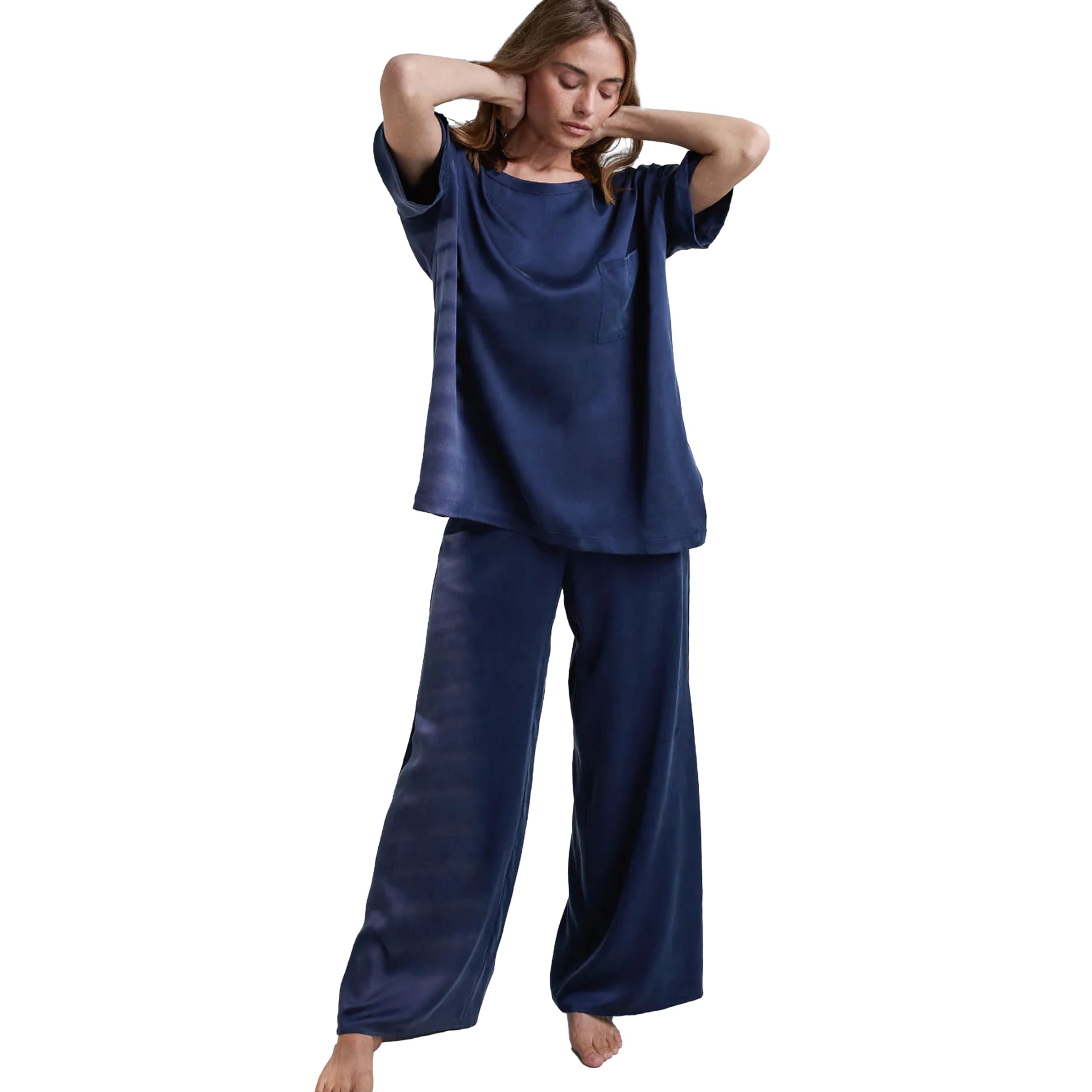 Lunya Washable Silk Tee Pant Set for Women - Oversized Top with Pocket and Pull On Pants