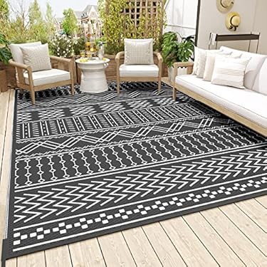 AMAZON - Outdoor Rug Carpet Waterproof 8x10ft Patio Rug Mat Indoor Outdoor Area Rug for RV Camping Picnic Reversible Lightweight Plastic Straw Outside Rug for Patio Decor Decoration Boho Rug Black White