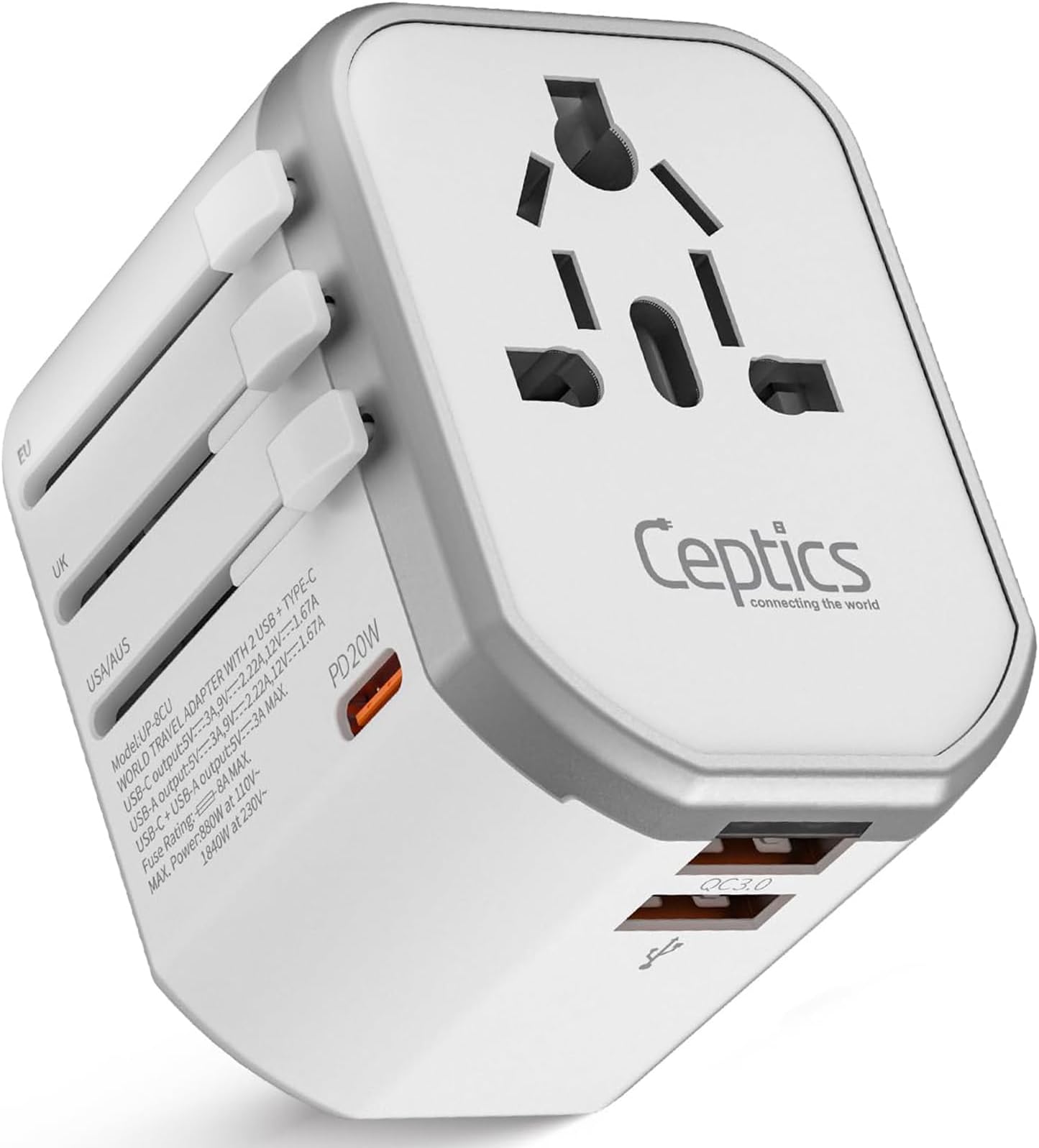 4 in 1 Universal Travel Adapter with Type C - Universal Plug Socket, USB QC 3.0-20W USB-C International Travel Adapter with Lifetime Limited Warranty, Worldwide Travel Adapter, White