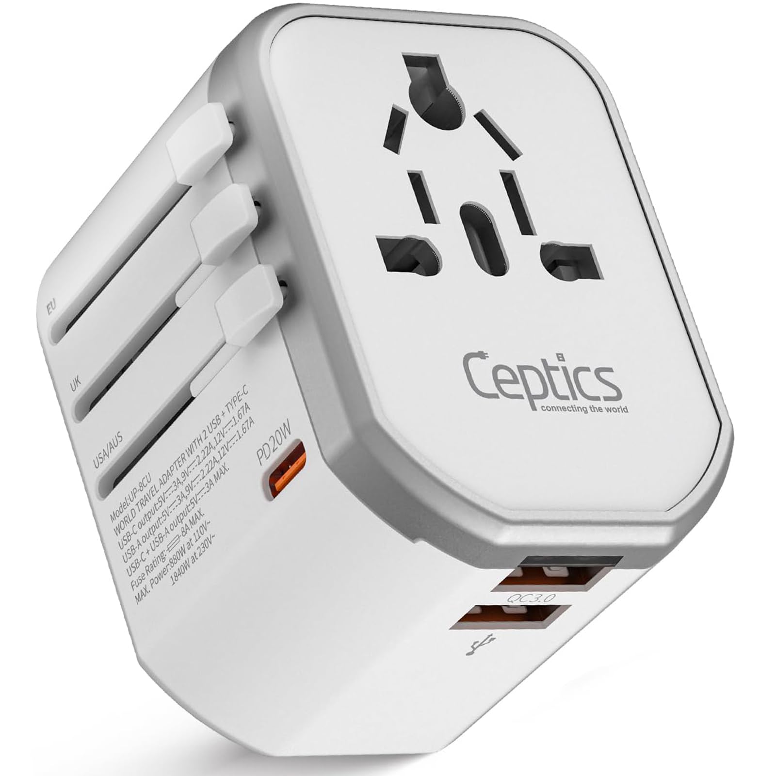 Ceptics 4 in 1 Universal Travel Adapter with Type C - Universal Plug Socket, USB QC 3.0-20W USB-C International Travel Adapter with Lifetime Limited Warranty, Worldwide Travel Adapter, White