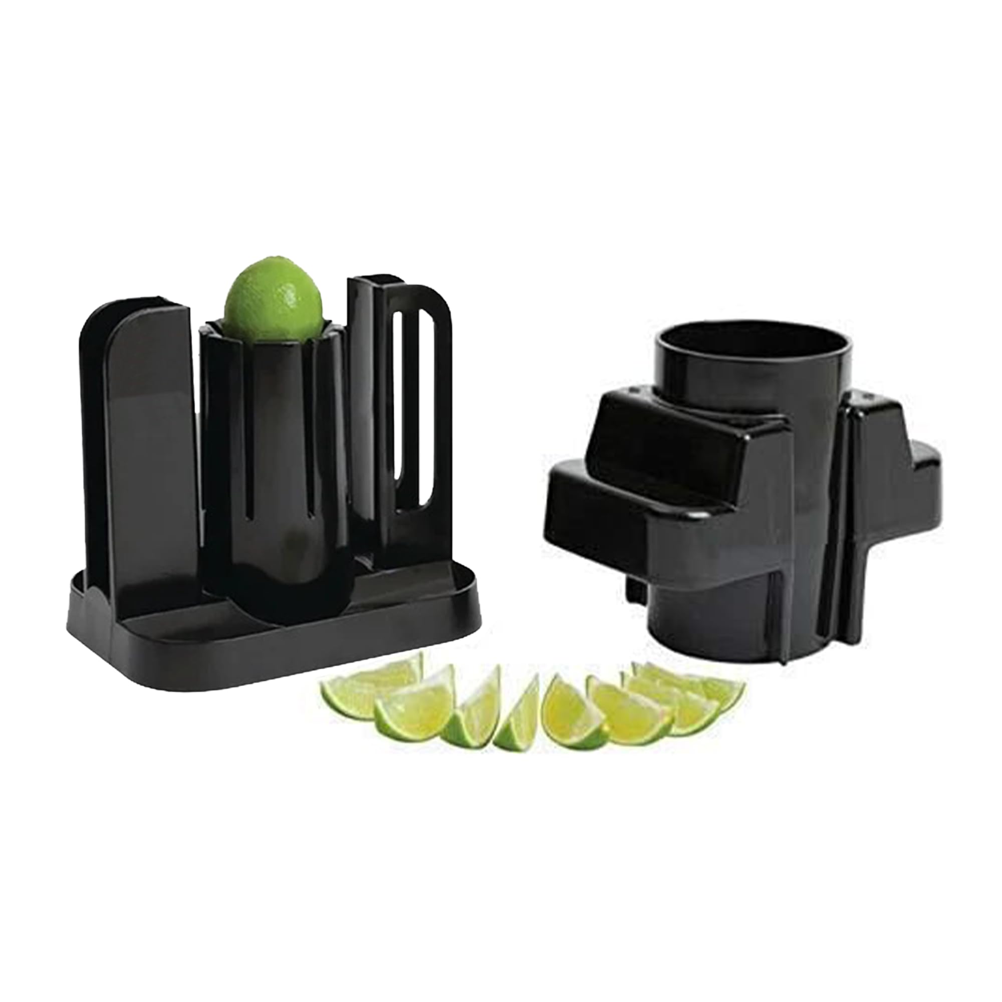 We Can Source It Ltd - Black Plastic Lemon Slicer – Fruit Cutter Tool with Stainless Steel Blades for Home Kitchens Bars Pubs – Durable & Reliable Lime Wedger - Easy to Use for Juicing and Drinks