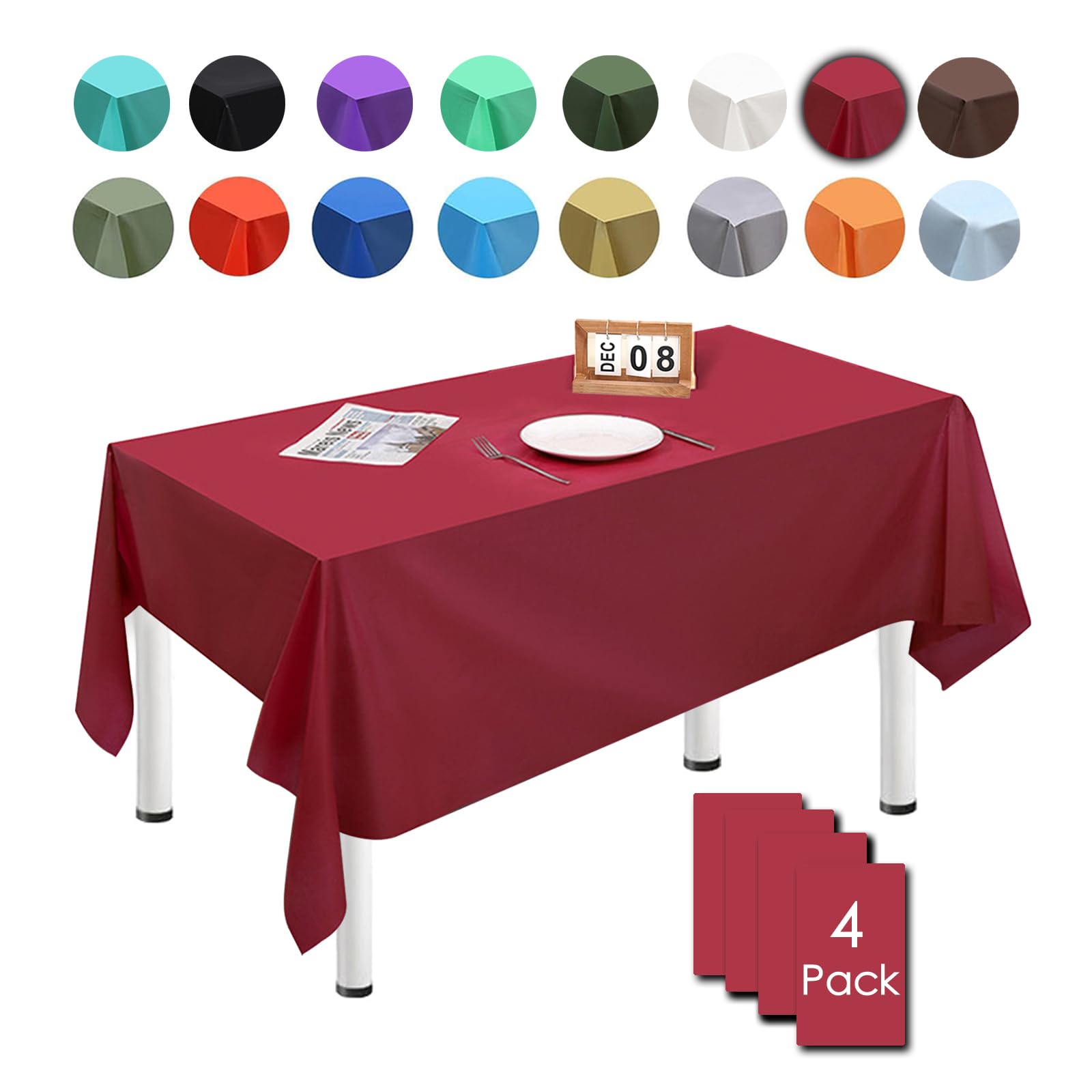 MORAINJAY 4 Piezas Mantel Desecheble,Mantel Burdeos Navidad,137x274cm Mantel Rectangular Impermeable Antimanchas,Mesa Decoración de Navidad,Mantel para Cocina,Cumpleaños de Infantil,Picnic,Fiesta