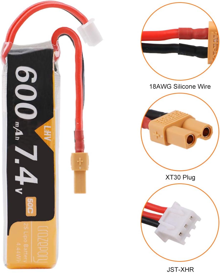 Components of Makerfire 7.4V 600mAh 2S Lipo Battery: 18AWG Silicone Wire, XT30 Plug, JST-XHR Balancer