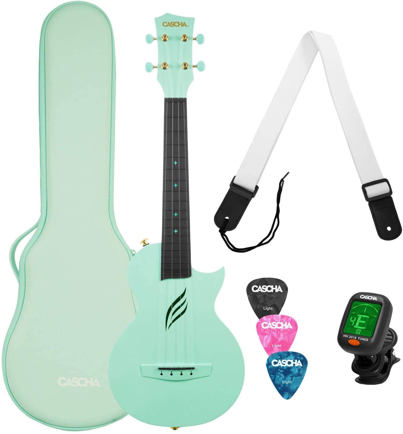 CASCHAConcert Ukulele Set Carbon Fiber Carbon Ukulele Starter Kit with 3 Picks & Bag Ukulele Set Fluorocarbon Strings Small Hawaiian Guitar for Beginners & Advanced Mint