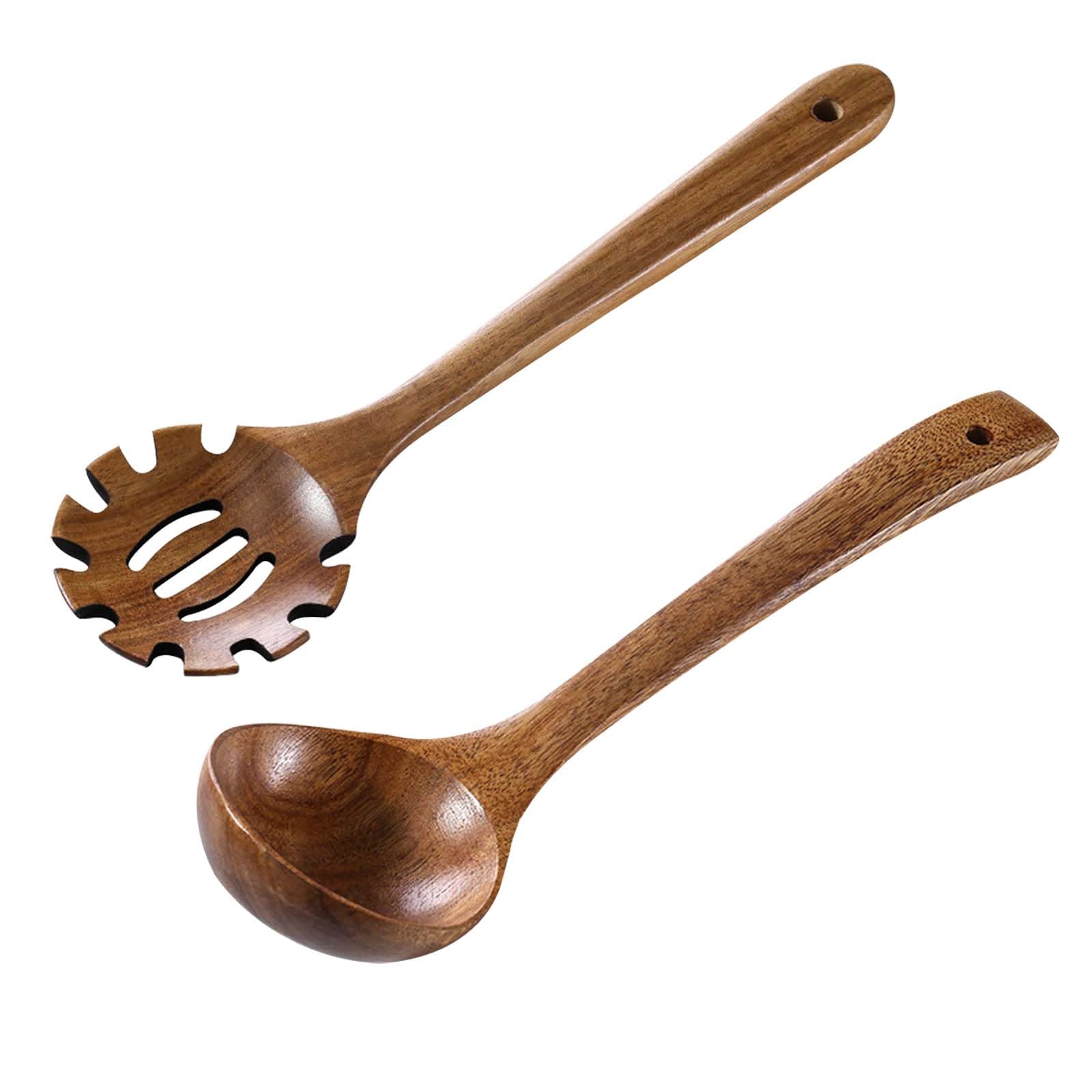 2 Stück Kochlöffel Holz, Holzlöffel mit Spaghettilöffel, Suppenkelle Holz für Kochen, Rühren, Servieren Spaghetti, Suppe, Sauce