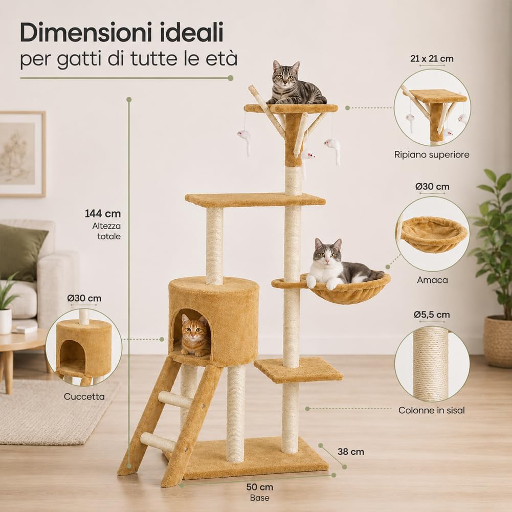 BAKAJI Rascador para Gatos, árbol de sisal, Parque de Juegos, para Gatos, rascador de Columna, Altura 144 cm (Beige)