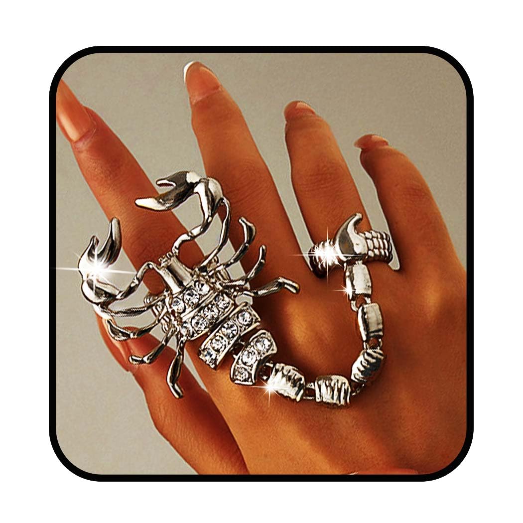 Yalice Goth Scorpion Full Finger Ring Bracelets Sparkle Rhinestone Double Knuckle Ring Harness Cool Punk Hand Ring Adjustable Rock Crystal Large Big