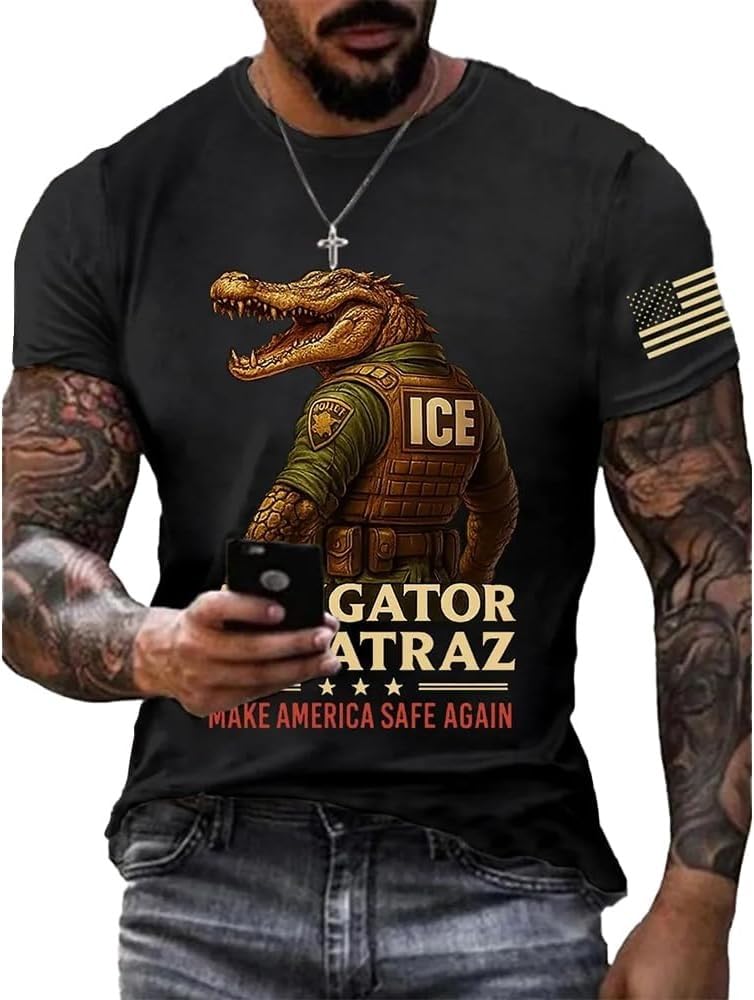 Men’s Retro Patriotic Alligator Alcatraz Dark Humor Flag Print T-Shirt