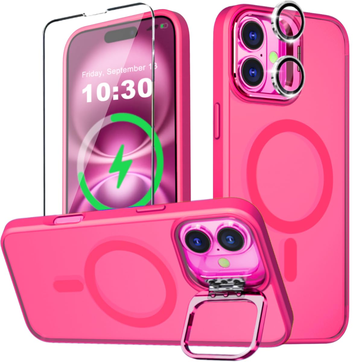 WATEFULLfor iPhone 16 MagSafe Stand Case Sturdy Metal Camera Stand Ring, Ultra Magnets Translucent Slim Shockproof with 1 Screen Protector 1 Camera Lens Protector for iPhone 16 6.1" (Hot Pink)