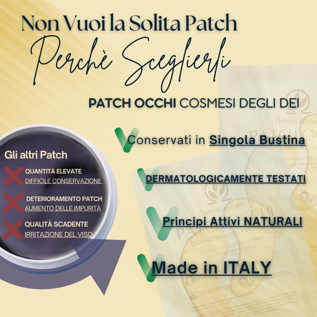 Patch Occhi Bio con Carragenina, Acido Ialuronico e Vitamina B3 | Patch Occhiaie e Borse, Antirughe, Idratante e Illuminante | Eye Patch Contorno Occhi | Made in Italy Cosmesi degli Dei (Patch da 2)