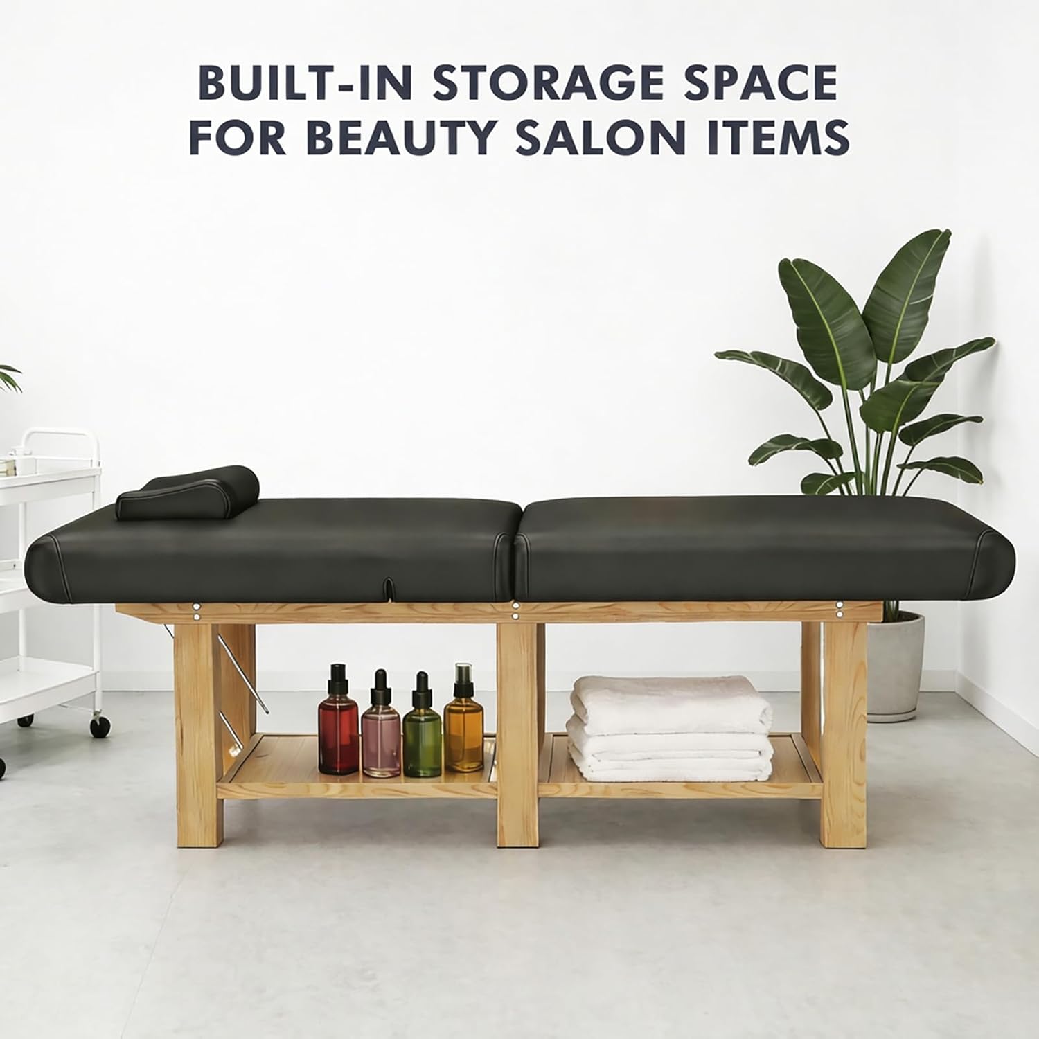 Artist hand Wood Heavy Duty Stationary Massage Table, Wide Professional Spa Facial Bed with Adjustable Backrest & Face Pillow, PU Leather Physical Therapy Tattoo Massage Table, Black