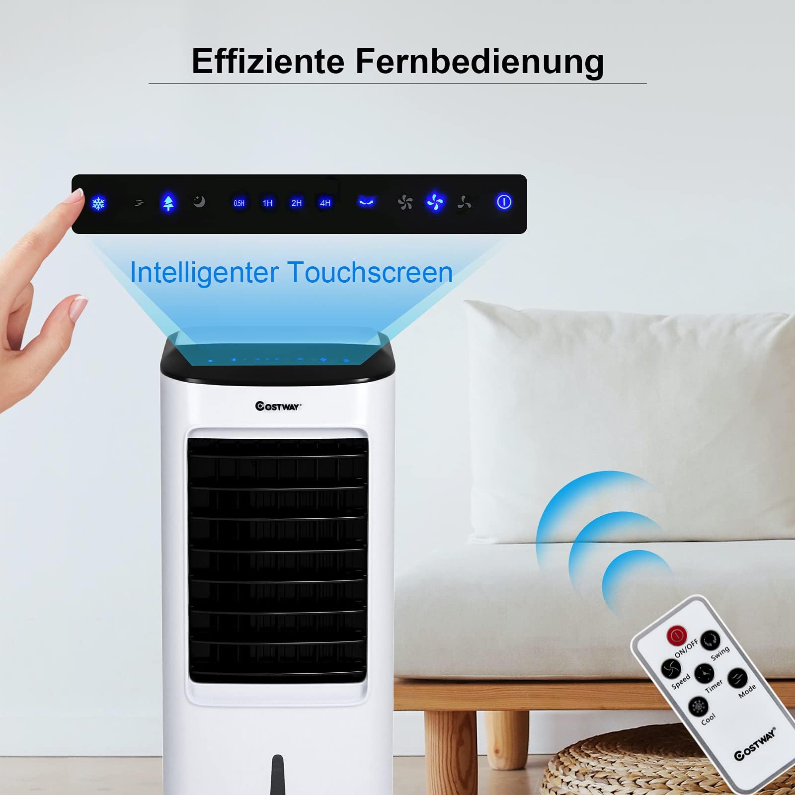 COSTWAY mobile Klimaanlage ohne Abluftschlauch inkl. 2 Kühlakkus | 3 in 1 Klimagerät Luftkühler Luftbefeuchter 75W / 7L Tank / 8H Timer / Fernbedienung / 2 Kühlakkus / 3 Stufen