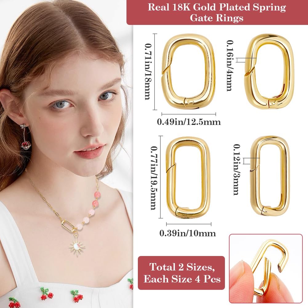 Beebeecraft 1 Box 8Pcs Oval Key Ring Real 18K Gold Plated Brass Gate Rings Rectangle Carabiner Lock Clasps Spring Keyring Buckle Snap Clip Hooks for Jewelry Making Supplies Necklace Bracelet DIY Craft