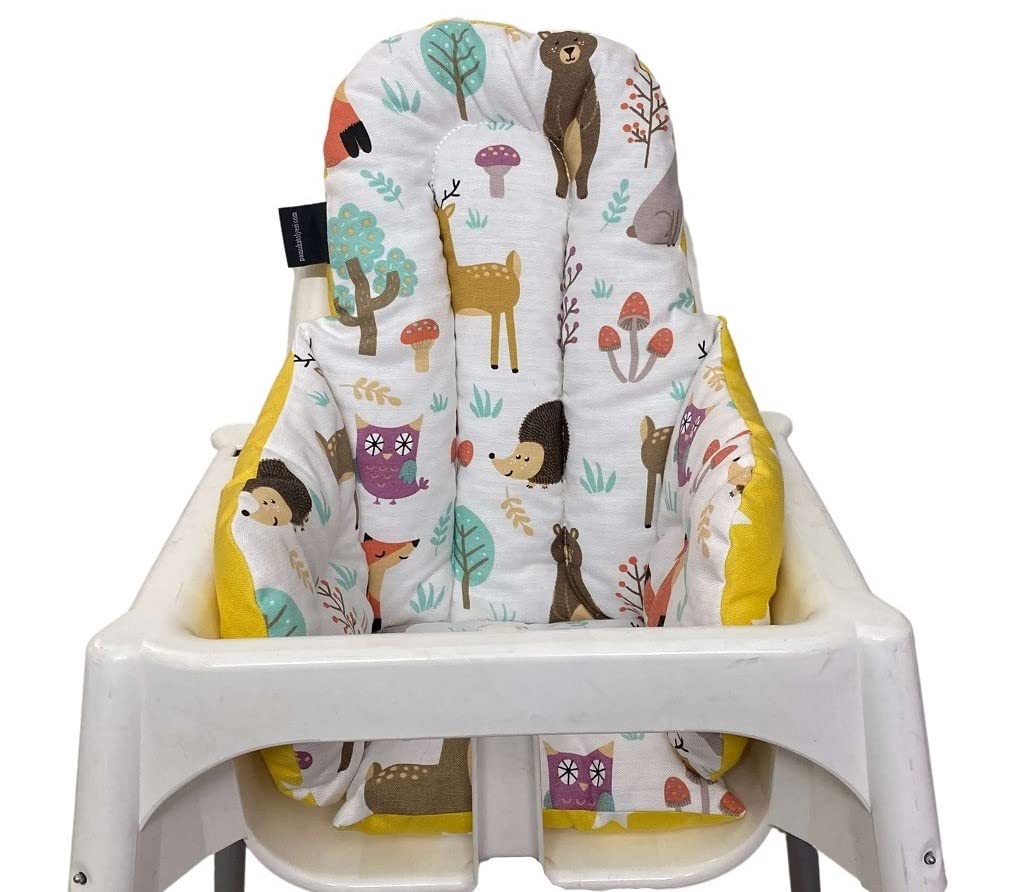 Pamuk Atölyesi High Chair Cushion , 100% Soft Cotton , Breathable , Comfortable ,Double-Faced,Stainproof and Washable (Happy Jungle / Yellow Star)