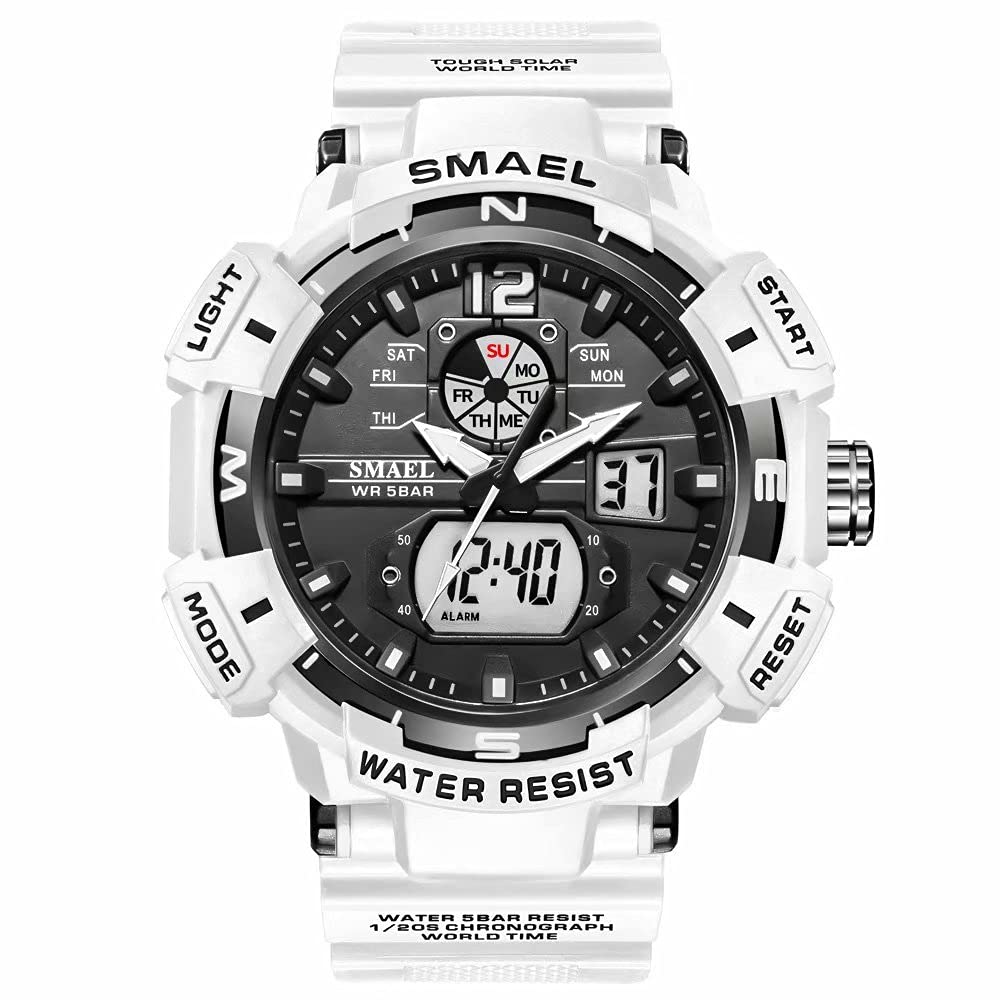 SMAEL Men's Military Watch Outdoor Sports Waterproof Digital White Watches Big Wrist with Alarm Date Multifunction LED Stopwatch