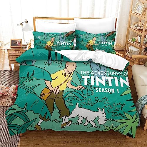 Juego de funda de edredón con estampado 3D de Las aventuras de Tintines con póster de película, juego de ropa de cama de microfibra suave para niños, jóvenes y adultos, funda de edredón para