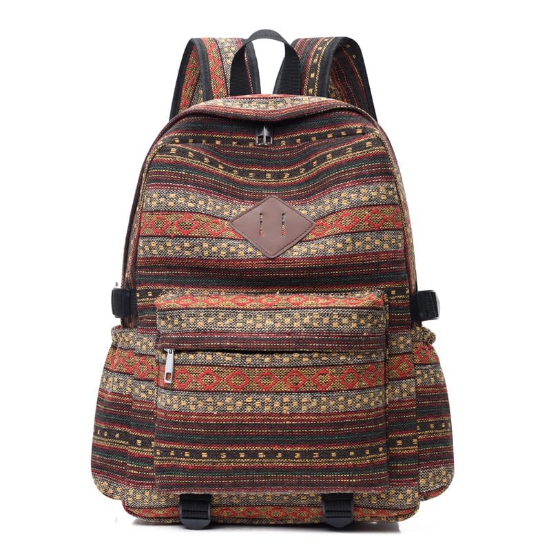 Fashionable Bohemian Canvas Backpack - Large Capacity Tribal Print Women's Travel and Hiking Bag, Cute and Retro (Khaki)