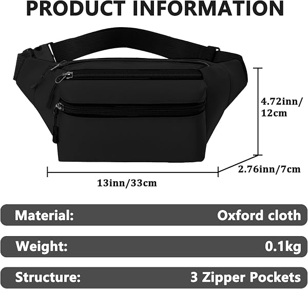 Bum Bag for Men Women Waterproof Waist Pack with Adjustable Belt 3 Zipper Pockets Lightweight Water-Resistant Fanny Pack for Travel Sports Running Hiking - 2