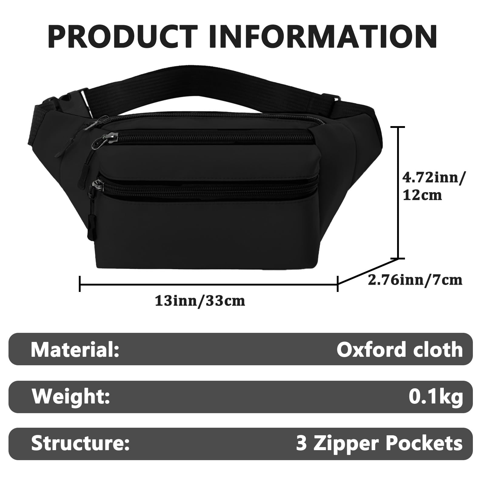 Bum Bag for Men Women Waterproof Waist Pack with Adjustable Belt 3 Zipper Pockets Lightweight Water-Resistant Fanny Pack for Travel Sports Running Hiking — view 2