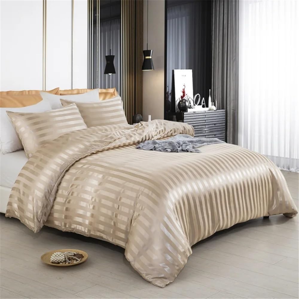 Juego de sábanas de lujo de satén a rayas de 3 piezas, reversible, suave y sedosa, con 2 fundas de almohada (tamaño King-230 x 220 cm)