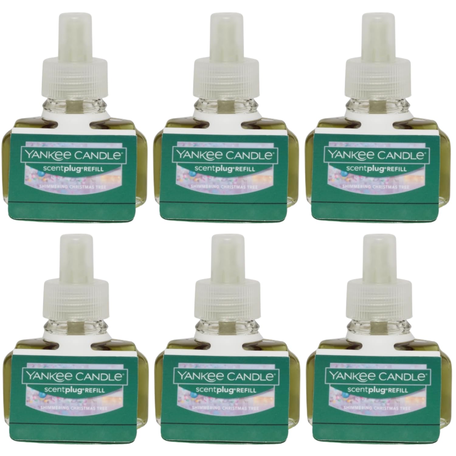 Yankee Candle ScentPlug Refill for Plug in Air Fresheners, Scented Oil Refills, Long Lasting Home Fragrance, Odor Eliminating Fragrance, Shimmering Christmas Tree (Pack of 6)