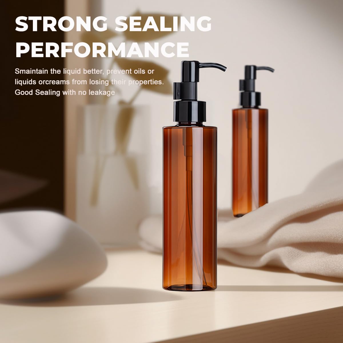 2 flaconi da 200 ml in plastica ambrata con pompa per lozioni con testa a pressione nera, vuoti, ricaricabili, contenitori per shampoo cosmetici, per olio di rimozione del trucco