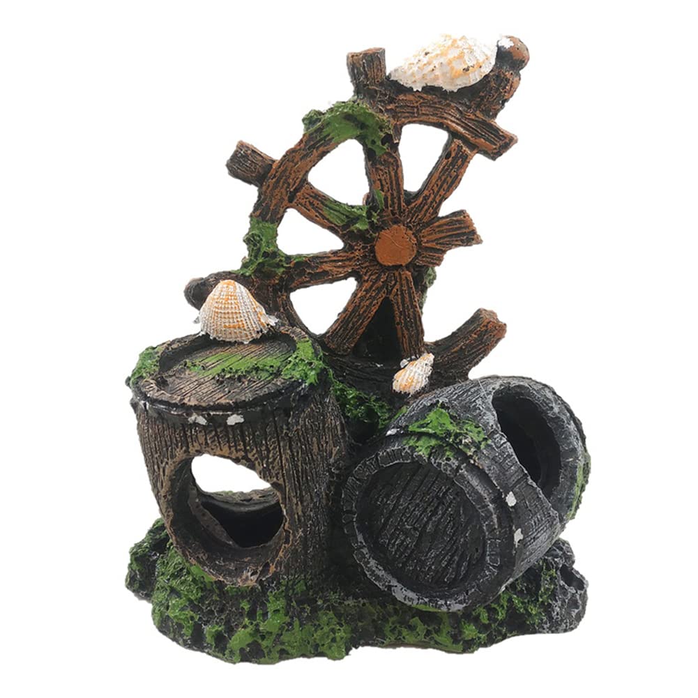 Lin's Wood Adorno para Tanque de Peces, decoración de Cuevas de Resina de Acuario, decoración de Peces, decoración de Cuevas, decoración de paisajismo. (Barril de Vino de la Rueda de Viento)