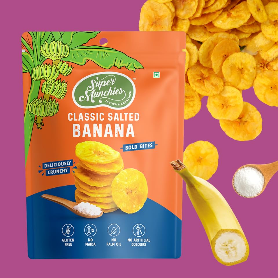 Image of Super Munchies Bold Bites Banana Chips Combo | Flaming Hot, Salted, Thai Chili, Sweet & Sour | Vegan, Gluten Free, No Palm Oil, No Preservatives, No Artificial Colors, Zero Trans Fat, No Cholesterol (Pack of 8)