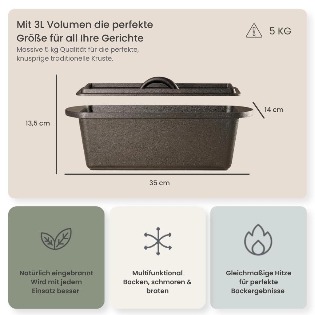 XENIA Brotbackform mit Deckel 28cm - Inkl. Silikongriffe - Gusseisen Kastenform für Brot & Sauerteig - 3L Dutch Oven & Bräter rechteckig - Brottopf für Induktion & Backofen geeignet