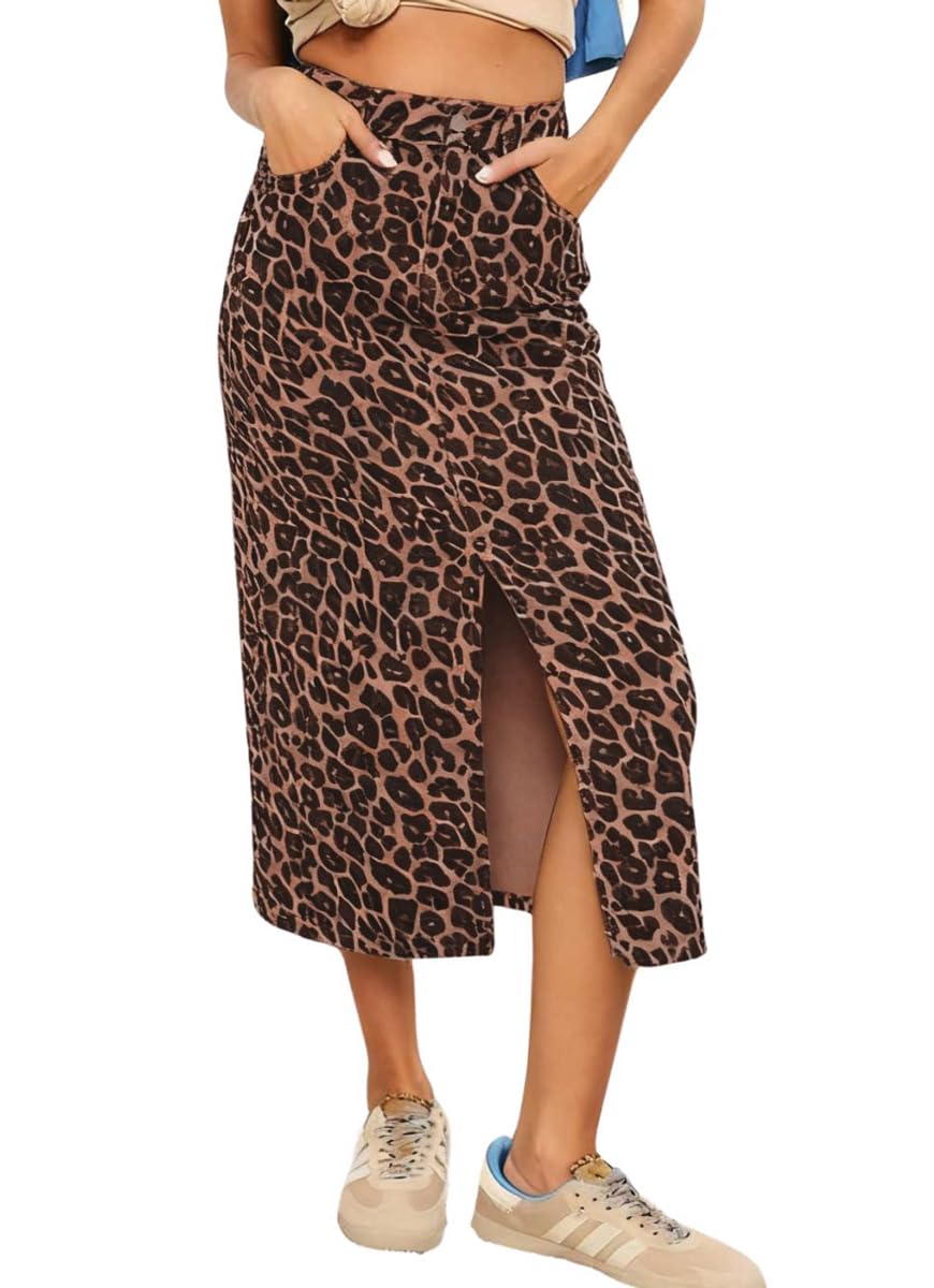chouyatou Womens Retro Leopard Print Long Denim Bodycon High Waist Skirt Split Front Jean Pencil Skirt