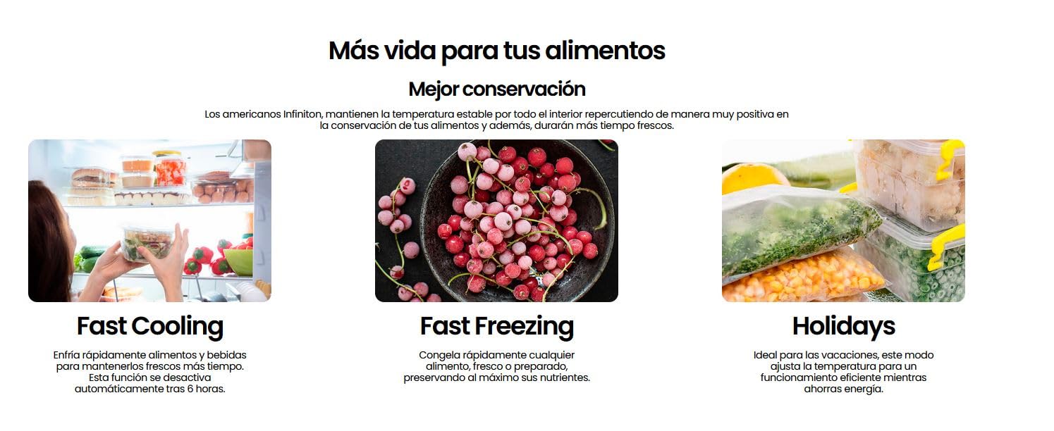 Frigorifico Americano Infiniton SBS-535A93XEB, 508 Litros, 193 cm de Altura, E, Total No Frost, Fast Cooling y Fast Freezing, Diseño SLOT-IN, Inox