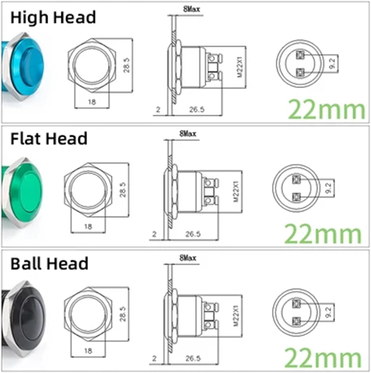 16/19/22mm high/Flat Round Metal Button Switch self-Reset Instant doorbell Control Color Waterproof IP65(22mm,Ball Head_YE LLOW)