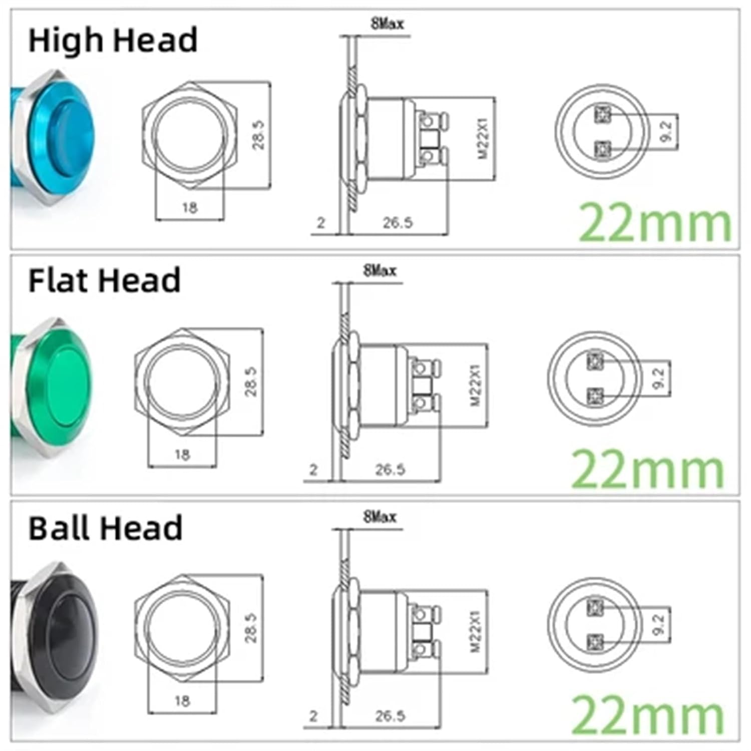 16/19/22mm high/Flat Round Metal Button Switch self-Reset Instant doorbell Control Color Waterproof IP65 (Color : 22mm, Size : Ball Head_B Lack)
