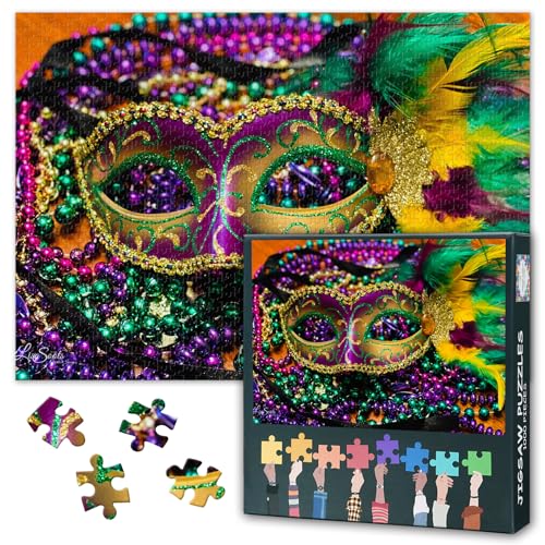 1000 Piece Jigsaw Puzzle for Adults Colorful Mardi Gras Mask with Intricate Beads and Feathers Festive Carnival Theme Puzzle for Home Decor 27.5x19.7 Inch