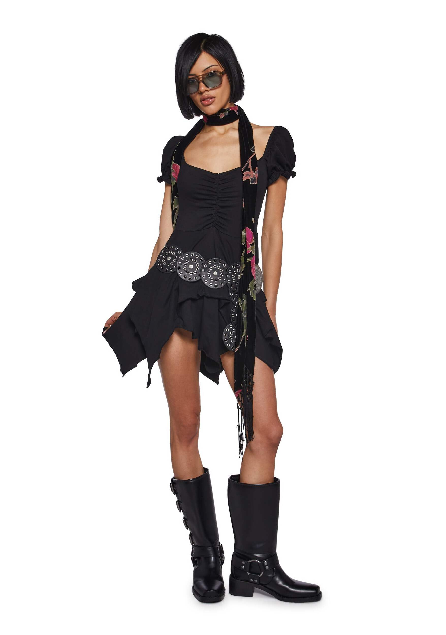 Dolls Kill Chasin' Rainbows Mini Dress by Current Mood – Stretch Jersey Dress, Asymmetrical Handkerchief Hem for Boho Fashion: Medium Black
