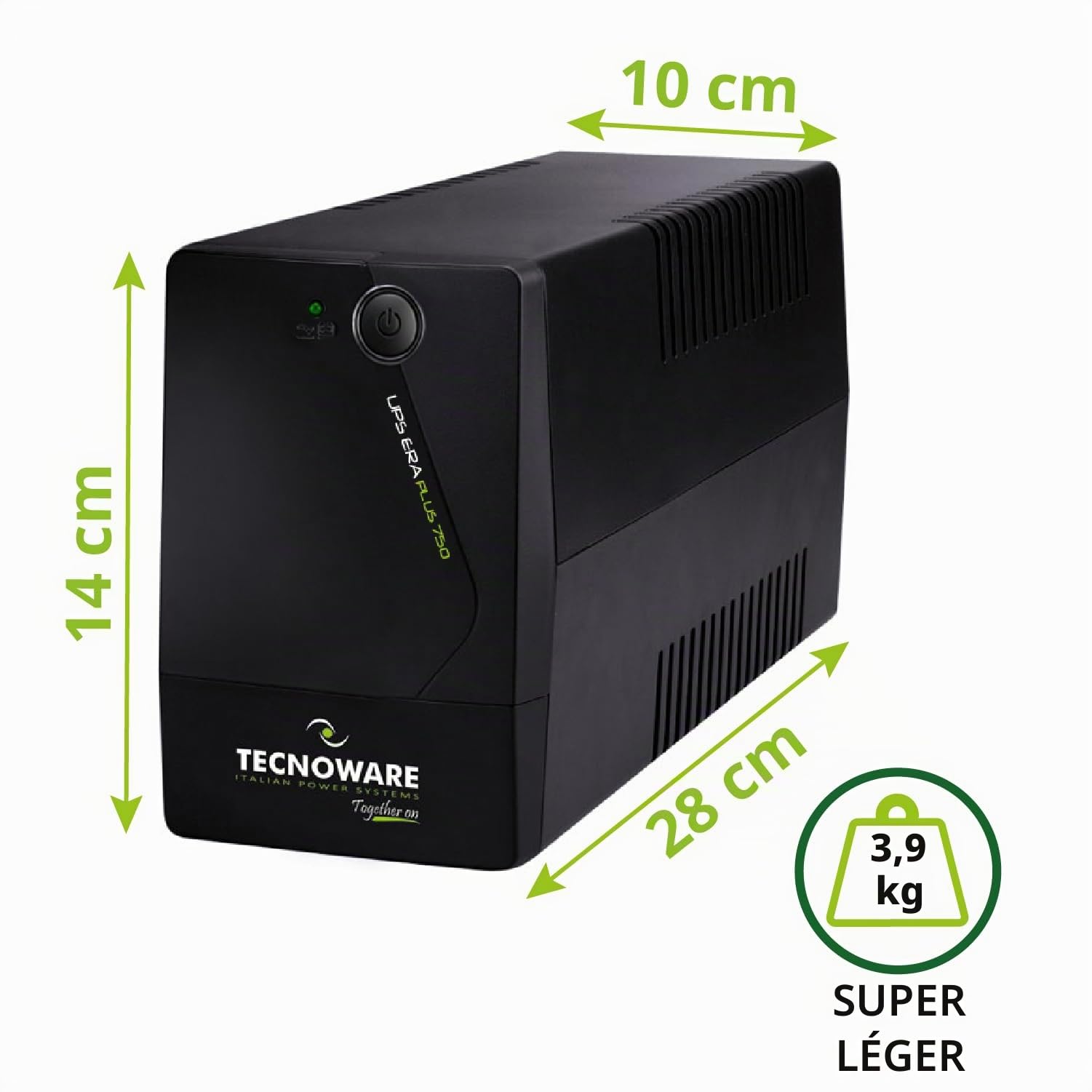 Tecnoware Power Systems UPS 750VA pour PC/Modem, pas pour gaming/console, onduleur ERA PLUS, 2 prises Schuko, protection surtension et coupure pour PC, modem, vidéosurveillance, caisse, NAS, POS