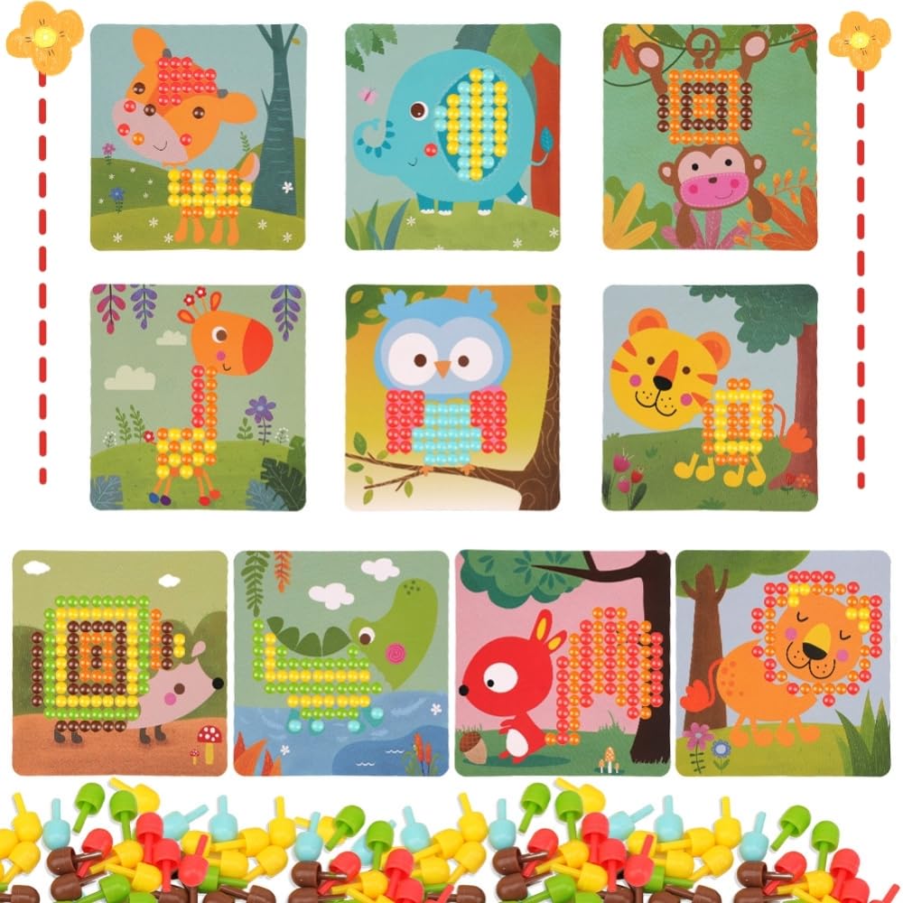 RANJIMA Juego de mosaico para niños, juguetes a partir de 2, 3, 4, 5 años, mosaico de madera, juego de manualidades para niños, tenedores con cuentas, regalos 3D para niños, niñas, Navidad, animales