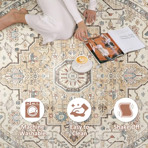 Round Rug Living Room Rugs: 8Ft Washable Boho Neutral Large Circle Soft Indoor Floral Stain Resistant Floor Farmhouse Carpet for Bedroom Nursery Kids Playroom Office Dining Room Dorm Home- Cream Blue
