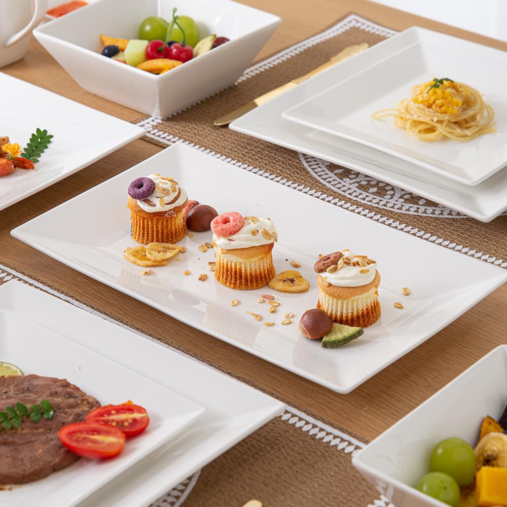 Porlien Juego de 3 platos rectangulares de porcelana blanca de 12 pulgadas para fiestas, bodas y entretenimiento, bandeja de servir para cenas, aperitivos y postres