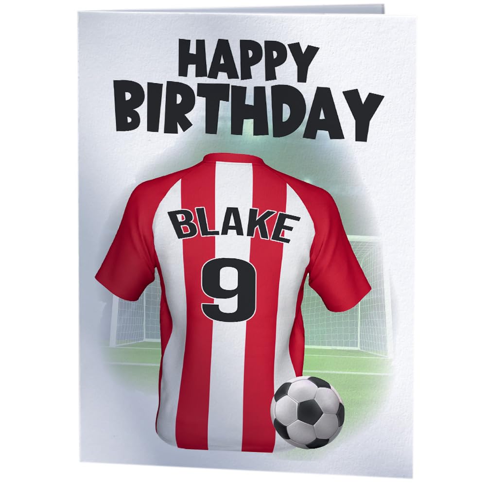 PERSONALISED Red & White Striped Shirt Football Birthday Card - Any Name & Age/Number