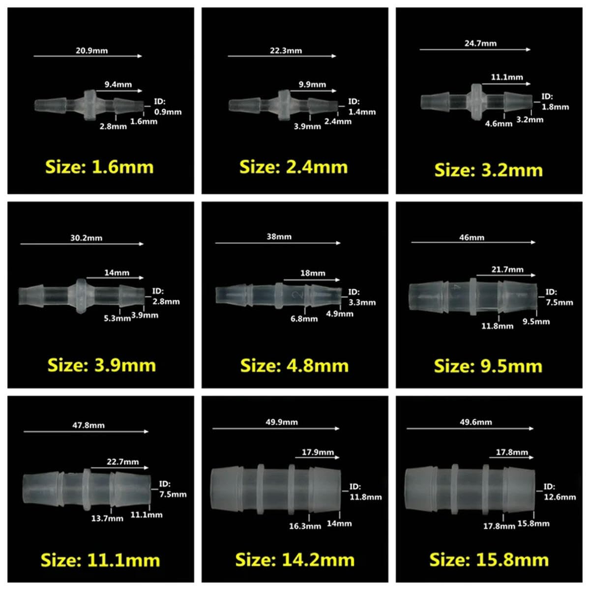 3-150 conectores rectos de plástico PP de 1,6 a 15,8 mm, accesorios de aireador de tanque de acuario, manguera de riego por goteo, juntas de igual diámetro, 150 unidades, 3,9 mm