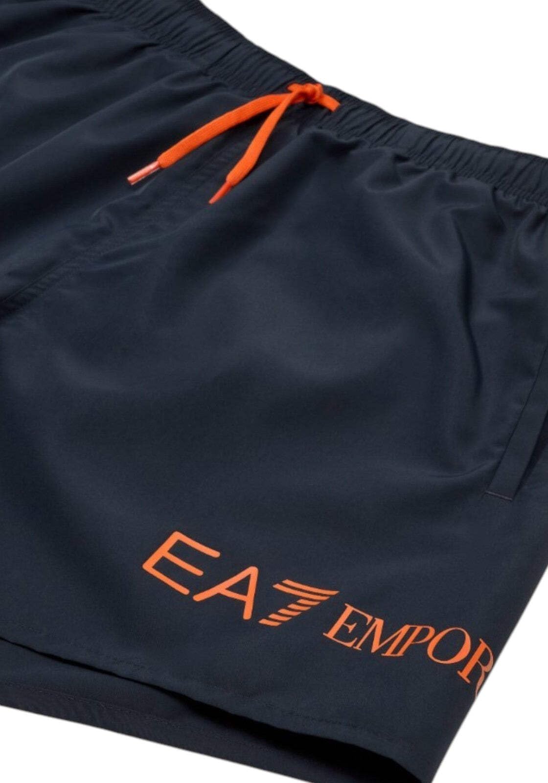 EA7 Emporio Armani - Costume da bagno da uomo, blu navy con logo arancione, coulisse in vita