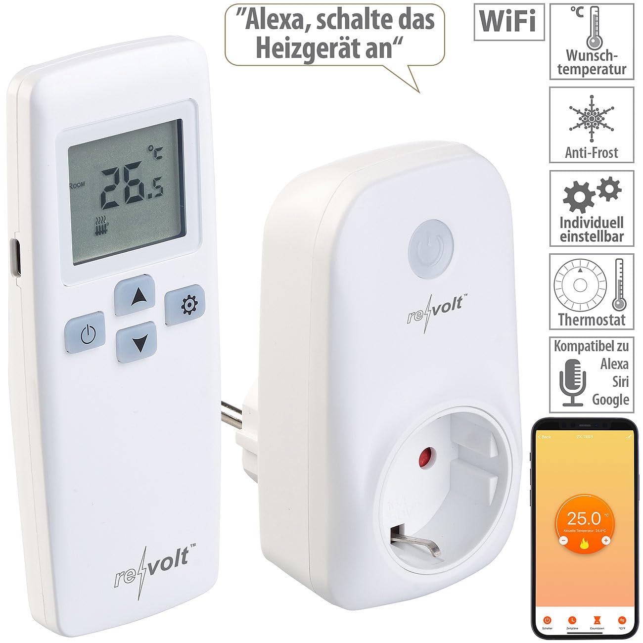 revolt Funkthermostat: WLAN-Steckdosen-Thermostat mit Sensor-Fernbedienung, App, Sprachbefehl (Funk-Thermostat Steckdose, 230V, Infrarotheizung)