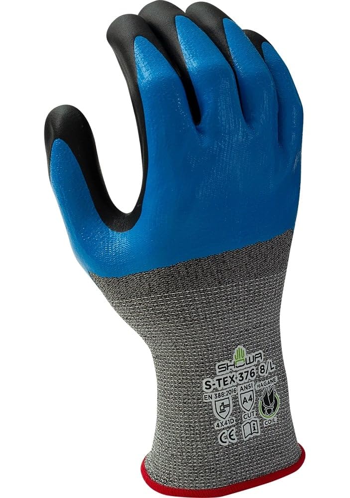 SHOWA S-TEX 376, Gant de protection contre les coupures, technologie Hagane Coil renforcée d'acier, double enduction de nitrile (3/4 et paume en mousse) pour une adhérence optimale en milieux huileux,