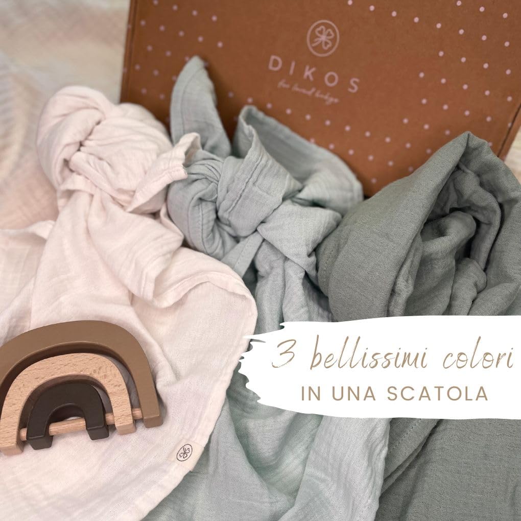DIKOS Mussole Neonato 100% Cotone Biologico GOTS Set 3 Pezzi 64x64cm Morbida per Bambino