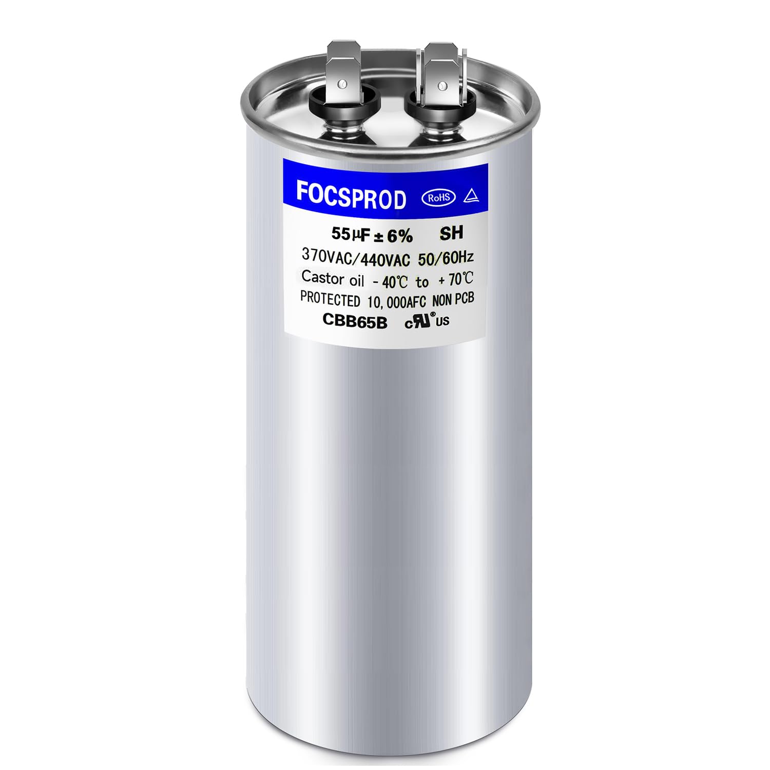 Photo 1 of [UL Recognized] FOCSPROD 55 uF 55 MFD ±6% 370V/440V CBB65B AC Capacitor, Single Run Round Capacitor Replacement, 55 uF 440 Volt HVAC for AC Unit Fan Motor or Condenser Straight