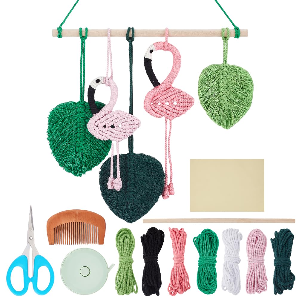 FREEBLOSS Macrame Leaves Wall Hanging Flamingo Ornament Boho DIY Macrame Leaf Wall Hanging Macrame Kit Leaf Woven Tapestry Feather Wall Hanging DIY Macrame Kit for Beginners