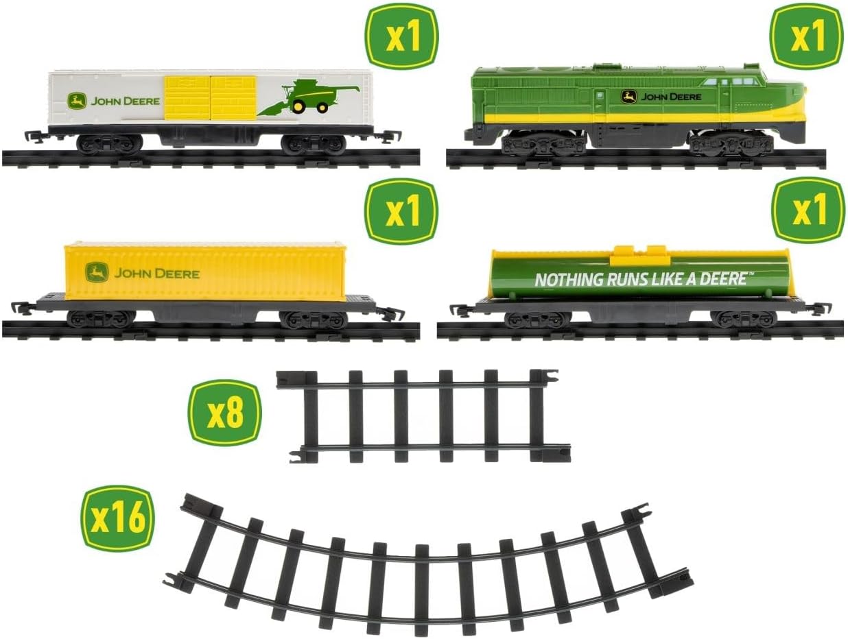 Individual track pieces for the Lionel John Deere train set, showing 8 curved and 16 straight sections.