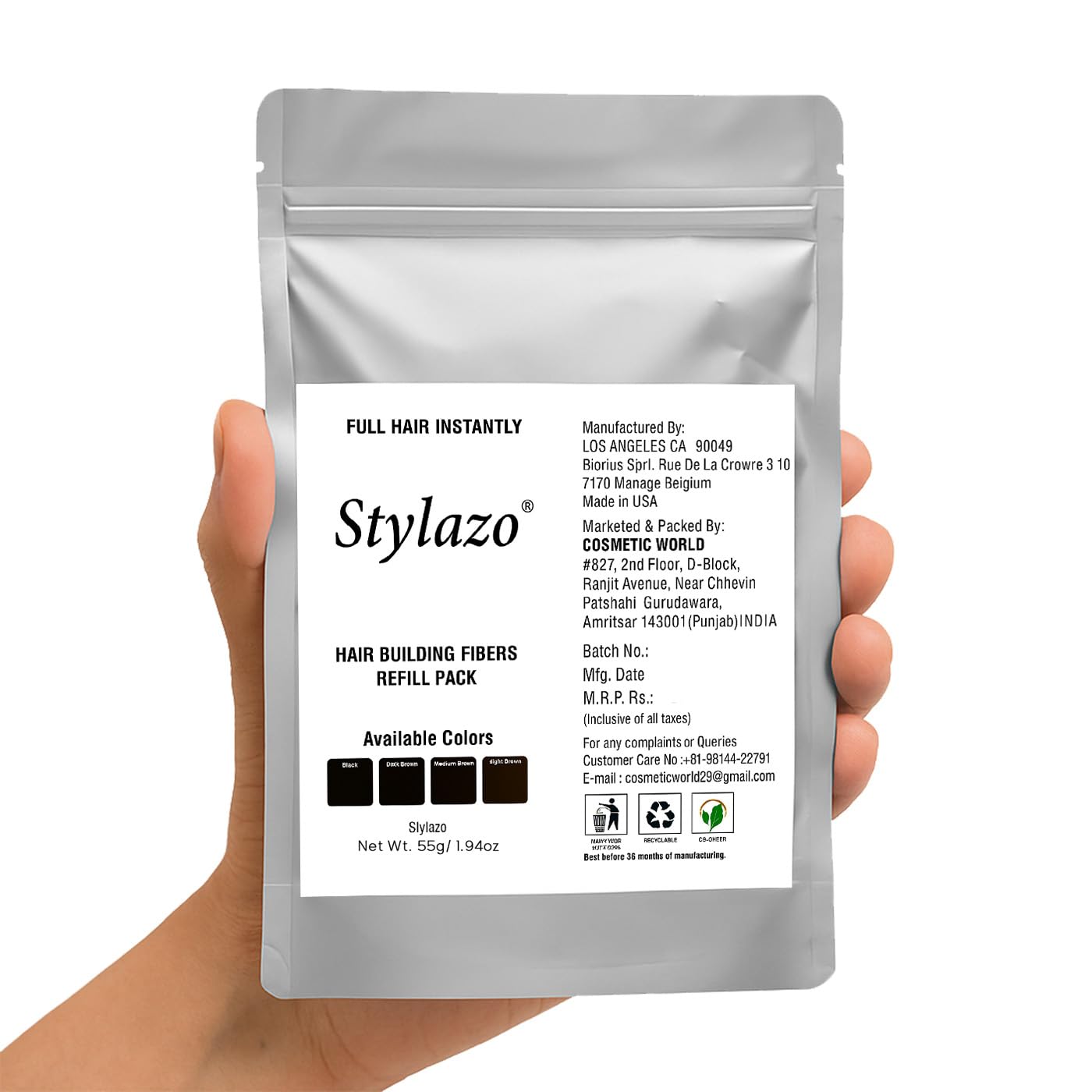 Stylazo Hair Building Fibers Refill Pack (Hair Loss Concealer) 55 gram, Dark brown-image-18